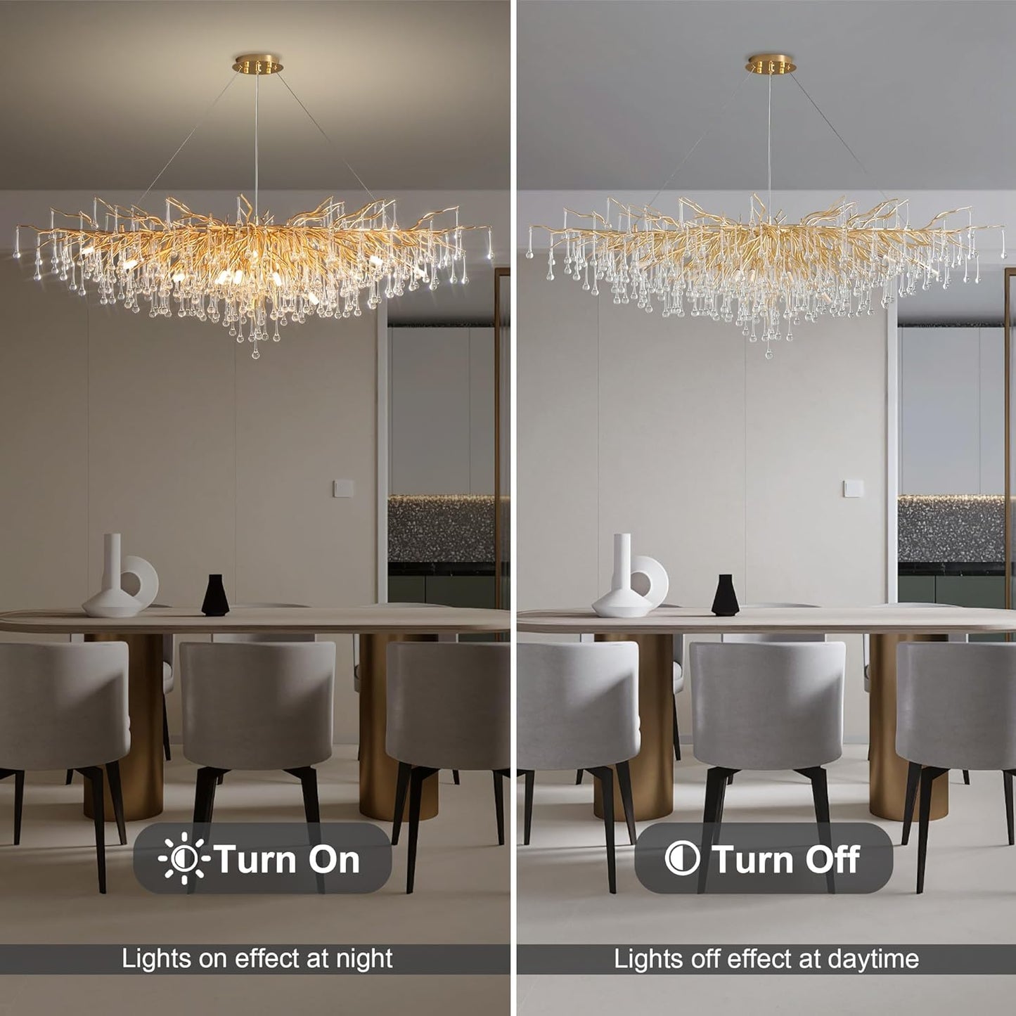 Modern Crystal Chandelier, 63" Gold Tree Branch Chandelier, 15-Light Luxury Rectangular K9 Raindrop Chandeliers Light Fixture for Dining Room, Kitchen Island, Living Room, Foyer