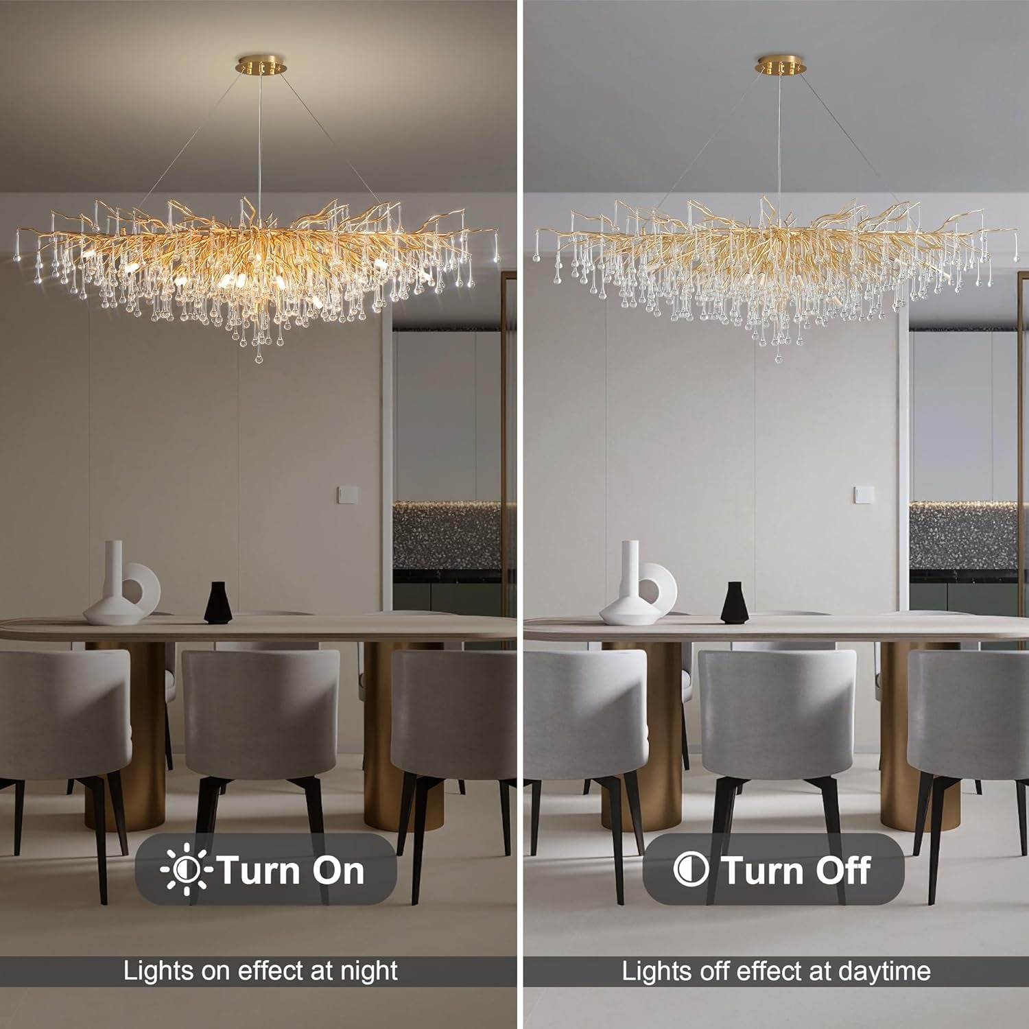 Modern Crystal Chandelier, 63" Gold Tree Branch Chandelier, 15-Light Luxury Rectangular K9 Raindrop Chandeliers Light Fixture for Dining Room, Kitchen Island, Living Room, Foyer