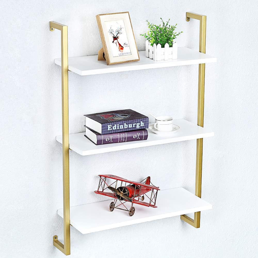 Industrial Metal Wall Shelf,Floating Shelves Wall Mounted,24In Real Wood Book Shelves,3 Tier Hanging Wall Shelves for Bedrooms Office