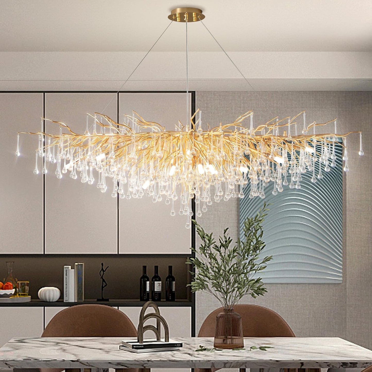 Modern Crystal Chandelier, 63" Gold Tree Branch Chandelier, 15-Light Luxury Rectangular K9 Raindrop Chandeliers Light Fixture for Dining Room, Kitchen Island, Living Room, Foyer