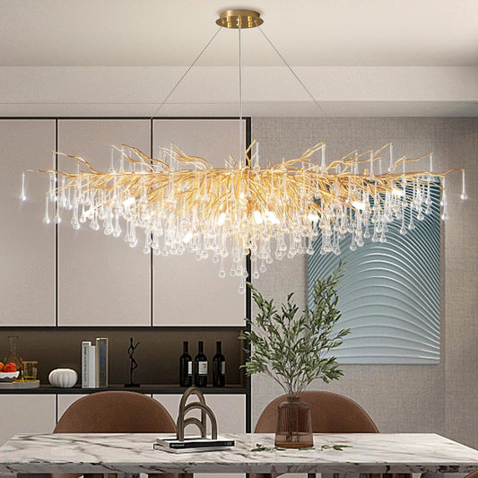 Modern Crystal Chandelier, 63" Gold Tree Branch Chandelier, 15-Light Luxury Rectangular K9 Raindrop Chandeliers Light Fixture for Dining Room, Kitchen Island, Living Room, Foyer