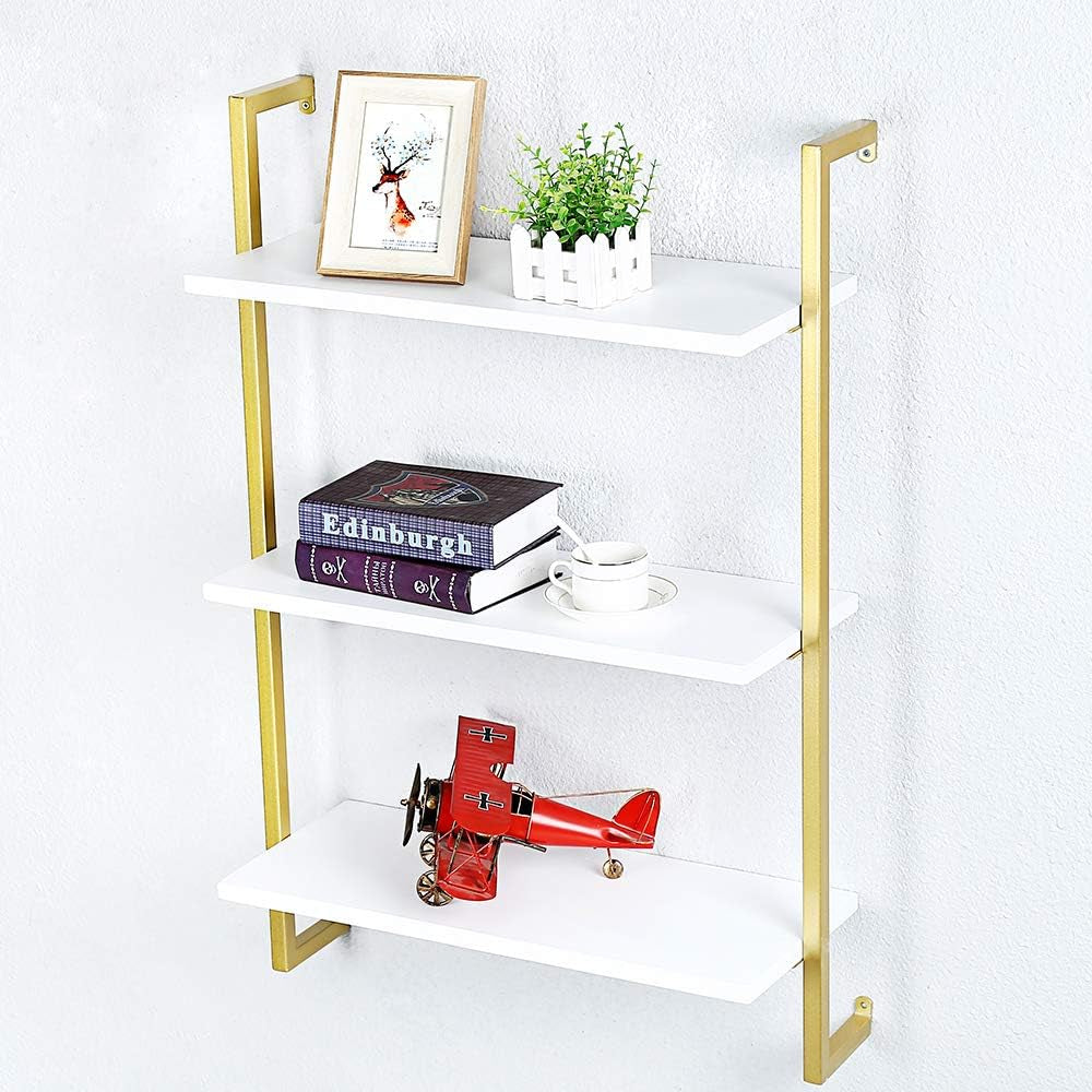 Industrial Metal Wall Shelf,Floating Shelves Wall Mounted,24In Real Wood Book Shelves,3 Tier Hanging Wall Shelves for Bedrooms Office