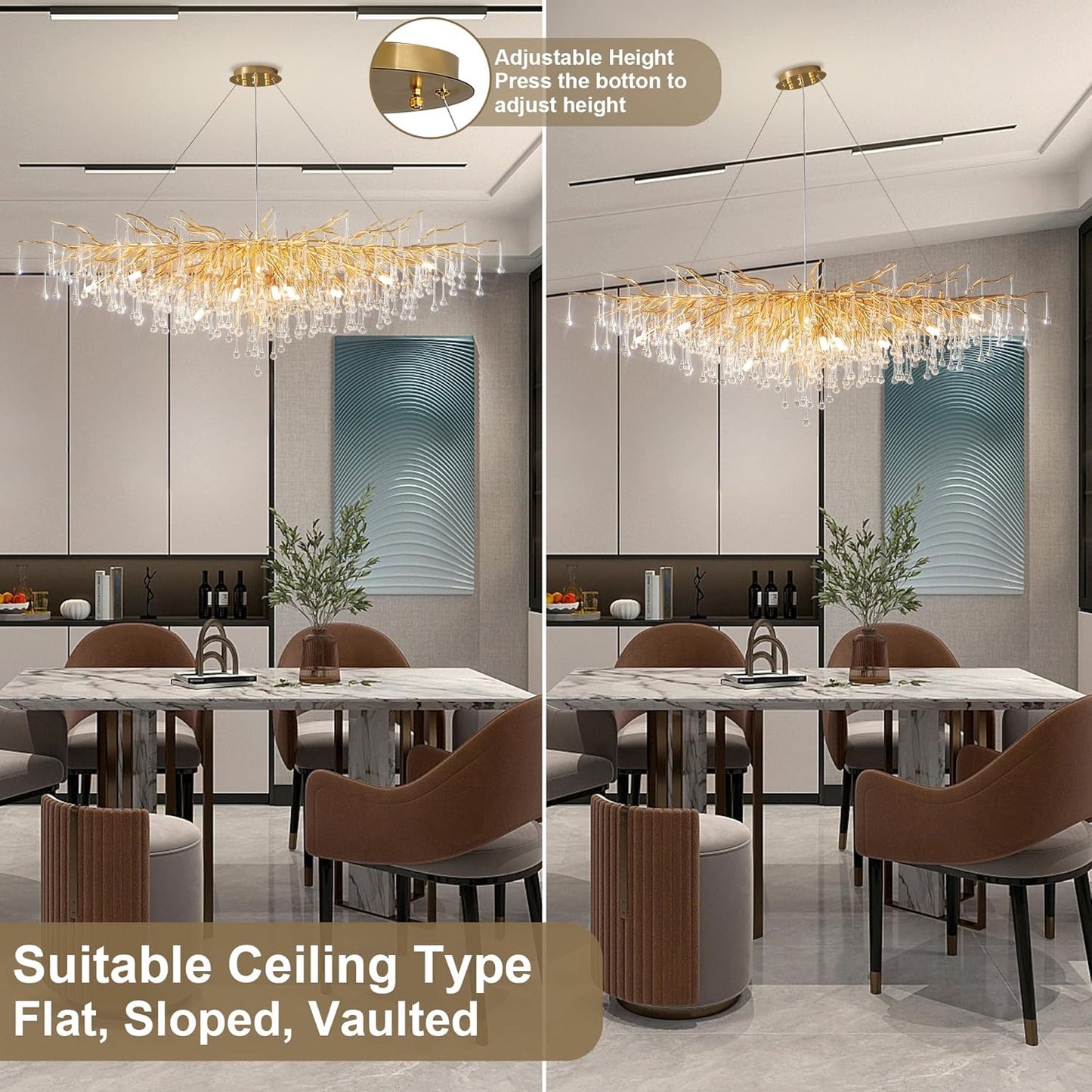 Modern Crystal Chandelier, 63" Gold Tree Branch Chandelier, 15-Light Luxury Rectangular K9 Raindrop Chandeliers Light Fixture for Dining Room, Kitchen Island, Living Room, Foyer