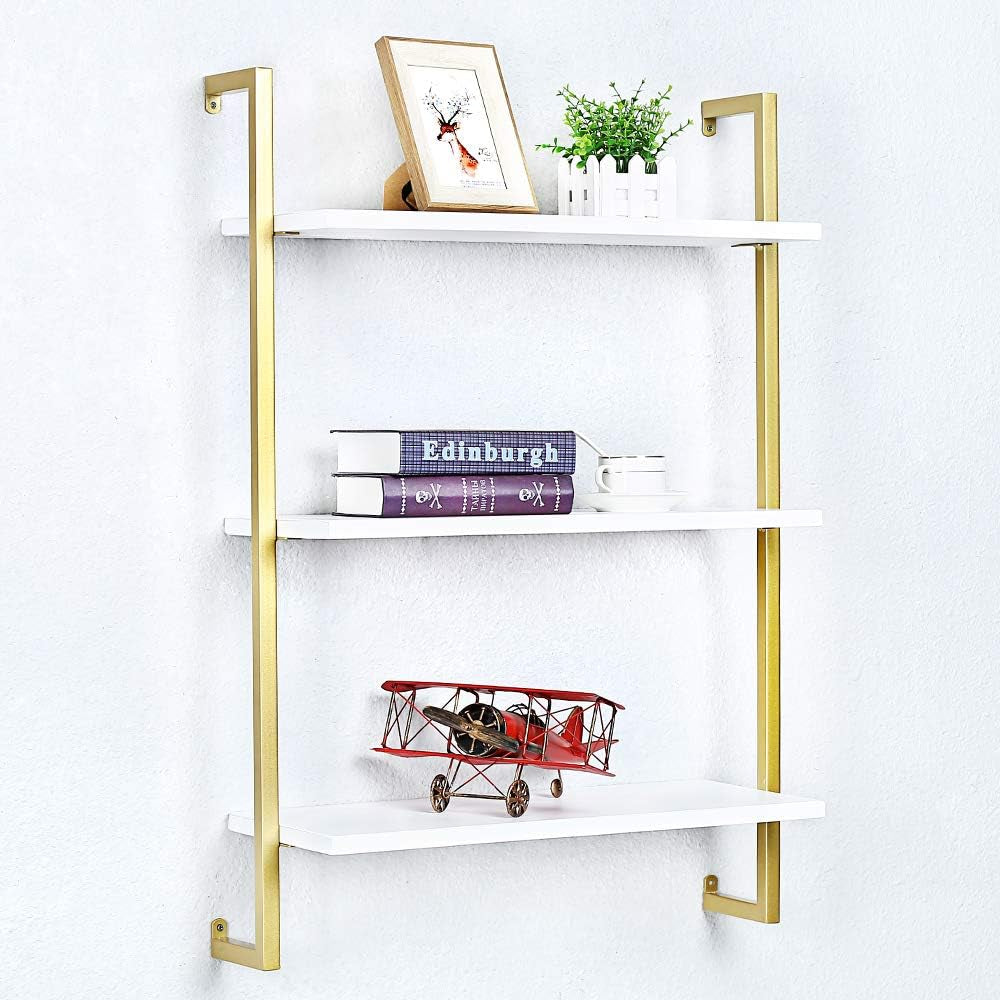 Industrial Metal Wall Shelf,Floating Shelves Wall Mounted,24In Real Wood Book Shelves,3 Tier Hanging Wall Shelves for Bedrooms Office