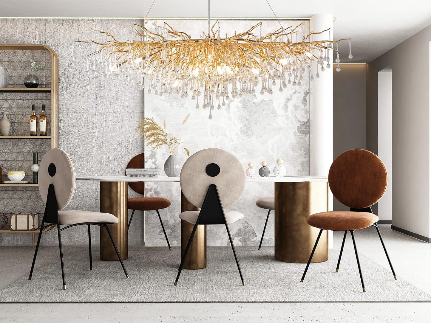 Modern Crystal Chandelier, 63" Gold Tree Branch Chandelier, 15-Light Luxury Rectangular K9 Raindrop Chandeliers Light Fixture for Dining Room, Kitchen Island, Living Room, Foyer