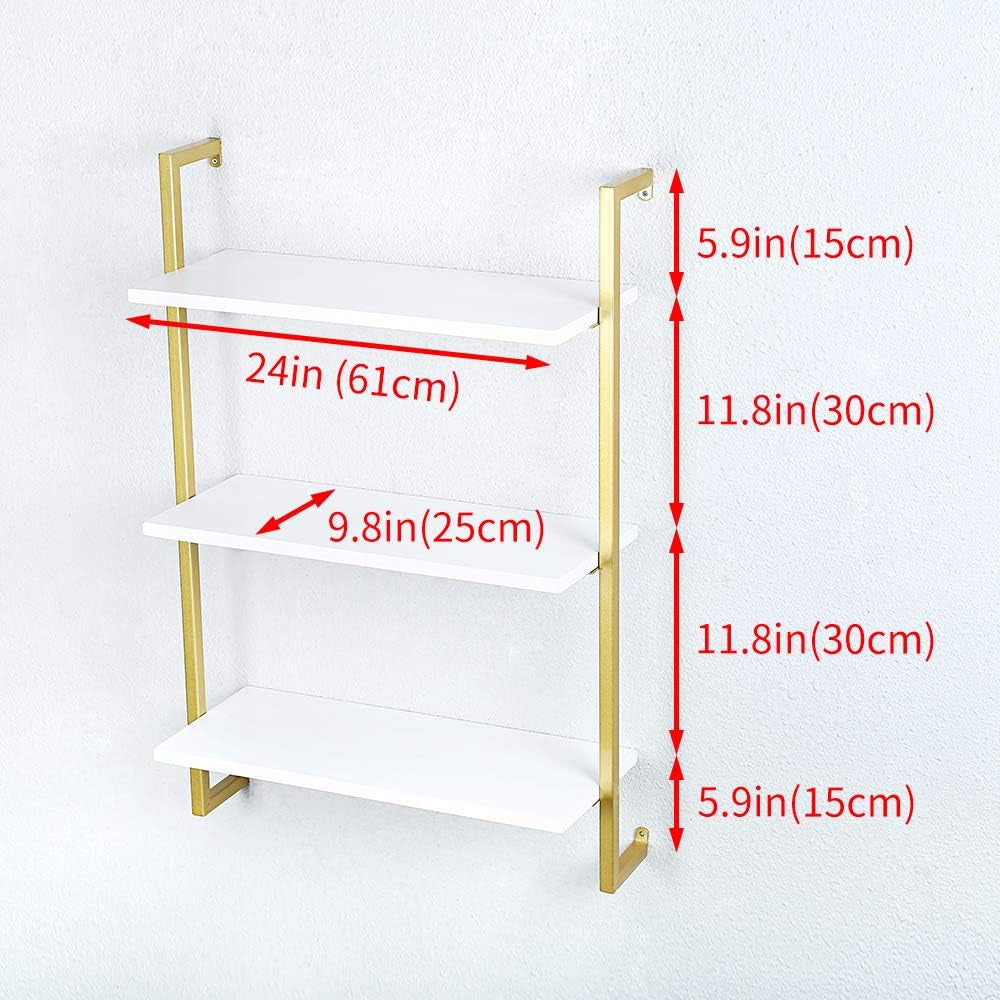 Industrial Metal Wall Shelf,Floating Shelves Wall Mounted,24In Real Wood Book Shelves,3 Tier Hanging Wall Shelves for Bedrooms Office