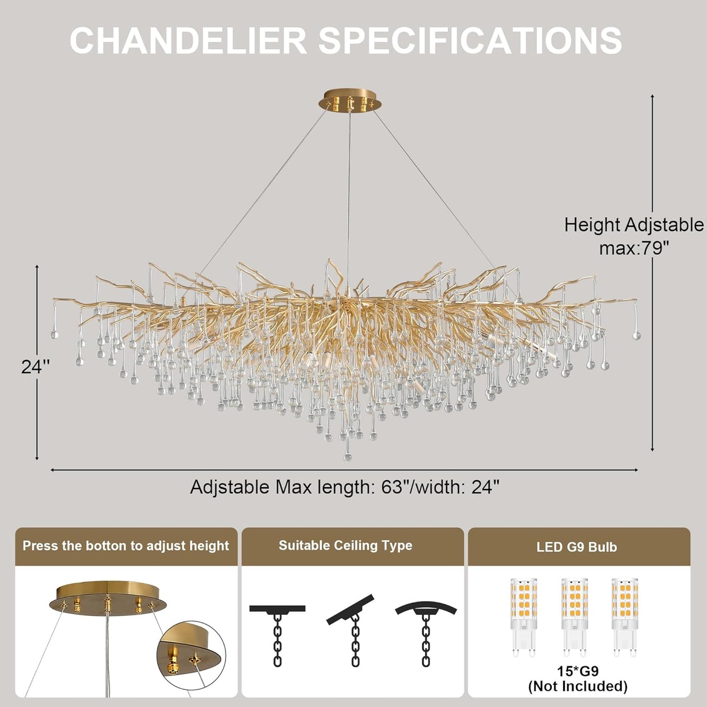 Modern Crystal Chandelier, 63" Gold Tree Branch Chandelier, 15-Light Luxury Rectangular K9 Raindrop Chandeliers Light Fixture for Dining Room, Kitchen Island, Living Room, Foyer