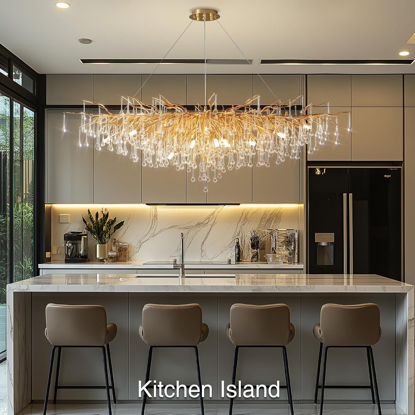 Modern Crystal Chandelier, 63" Gold Tree Branch Chandelier, 15-Light Luxury Rectangular K9 Raindrop Chandeliers Light Fixture for Dining Room, Kitchen Island, Living Room, Foyer