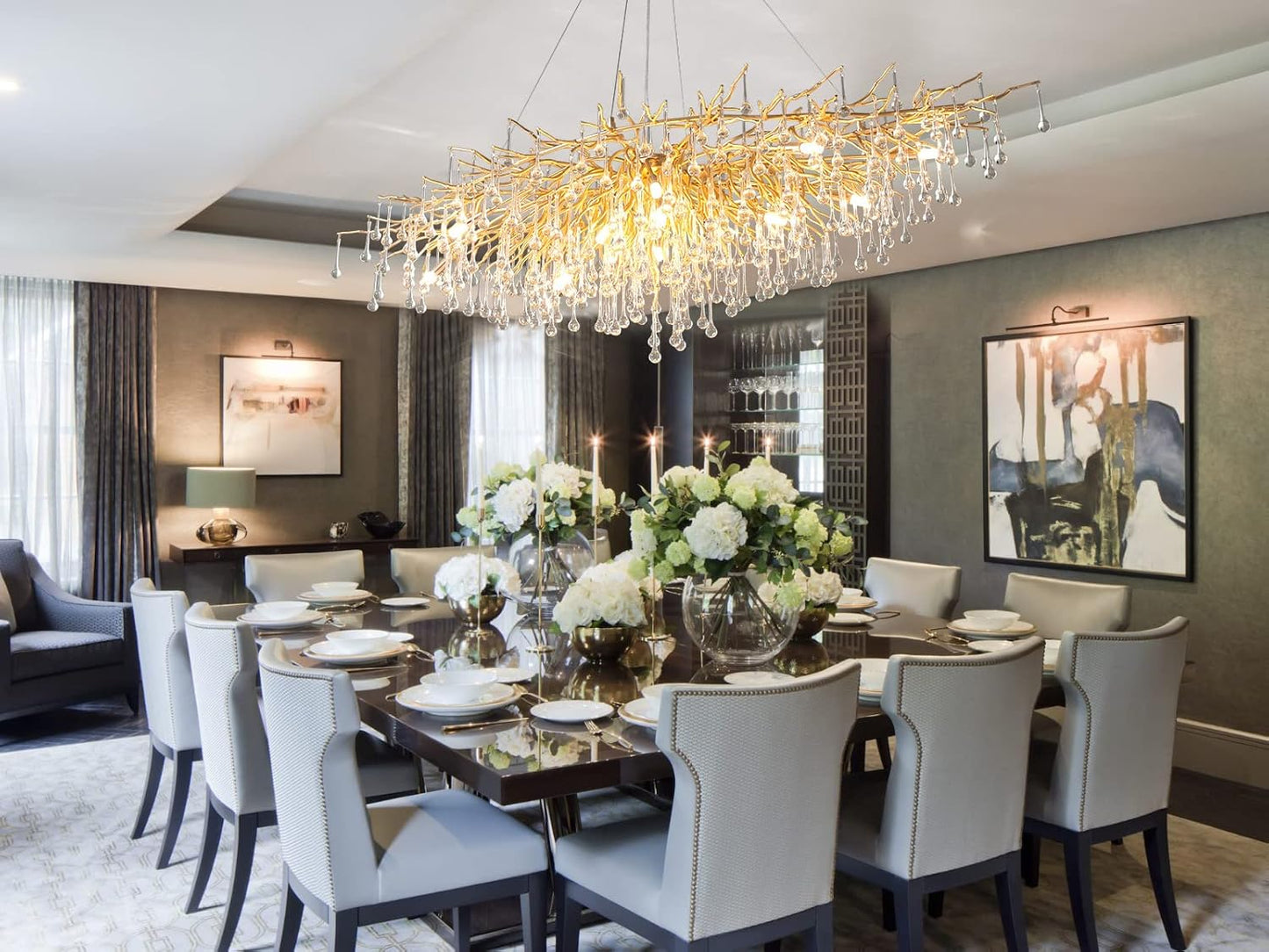 Modern Crystal Chandelier, 63" Gold Tree Branch Chandelier, 15-Light Luxury Rectangular K9 Raindrop Chandeliers Light Fixture for Dining Room, Kitchen Island, Living Room, Foyer