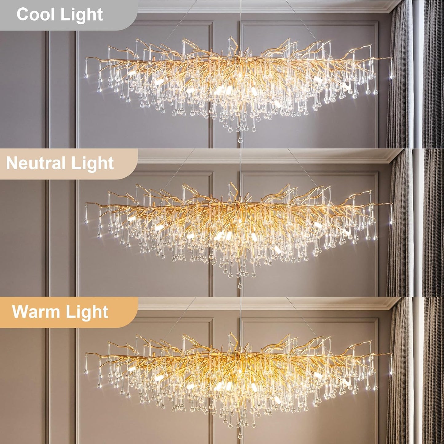 Modern Crystal Chandelier, 63" Gold Tree Branch Chandelier, 15-Light Luxury Rectangular K9 Raindrop Chandeliers Light Fixture for Dining Room, Kitchen Island, Living Room, Foyer